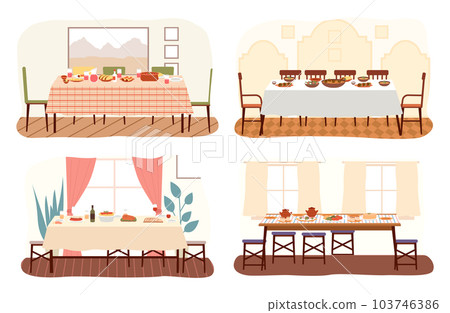 Set of dining room design flat vector illustration. Dining table with food and chairs nearby 103746386