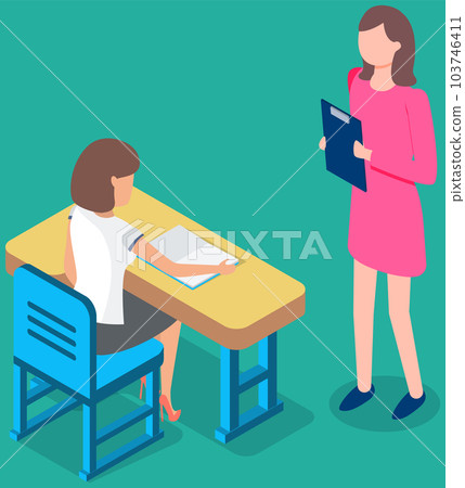 Teacher and smart learner. Young woman at desk teaching and helping girl student in classroom 103746411