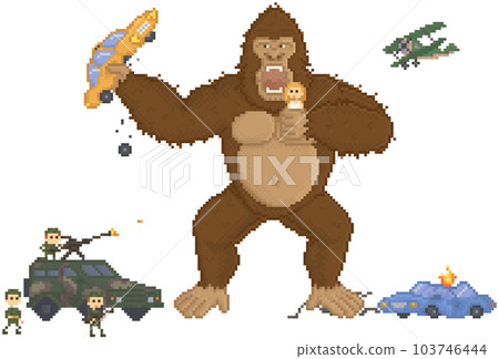 Giant monkey in pixel game layout design. King kong attacked by military in combat vehicle 103746444