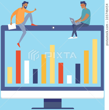 Colleagues talk about financial performance. Discussion about graphical business report with charts Colleagues talk about financial performance. Discussion about graphical business report with charts 103746454