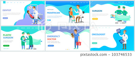 Set of landing pages about doctors work with equipment and instruments. Medical services concept 103746533