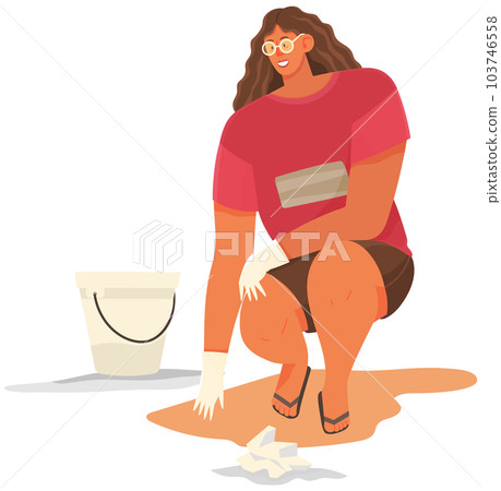 Cartoon character is removing paper from sand. Girl collect garbage and waste on contaminated areas 103746558