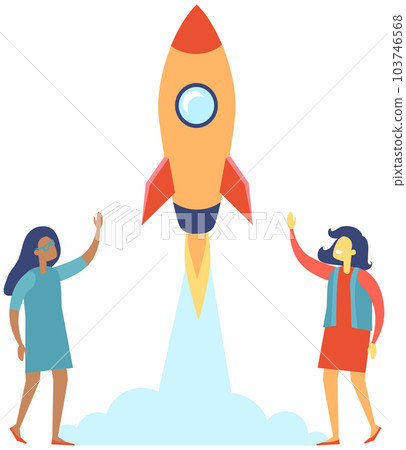Rocket ship flat style flies up. Happy women follow ship. Project start up and development process 103746568