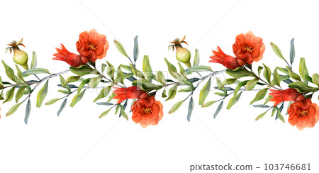 Pomegranate branches with red flowers blossom and young fruits watercolor horizontal seamless banner. Botanical illustration for Rosh Hashanah, natural cosmetic w2eb sites Pomegranate branches with red flowers blossom and young fruits watercolor horizontal seamless banner. Botanical illustration for Rosh Hashanah, natural cosmetic w2eb sites 103746681