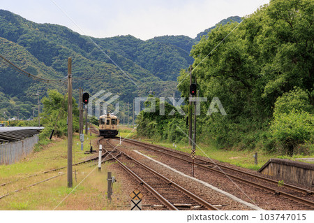 A train entering a train exchange station on a single-track railway A train entering a train exchange station on a single-track railway 103747015