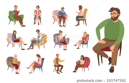 Male psychologist sits on a chair. Different people at the specialist s decide personal problems 103747392