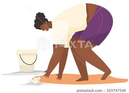 Female character bends over paper. Volunteer woman is cleaning sandy area and collects garbage 103747506