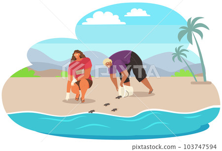 Couple rescuing turtles. People take care of reptiles on tropical island. Release animals into ocean 103747594
