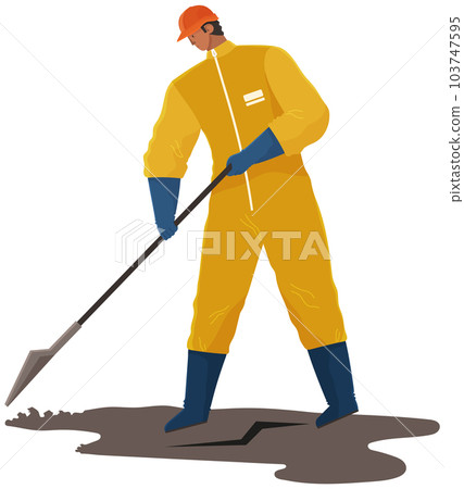 Male character in protective suit collects polluting oil. Volunteer is cleaning dirty area 103747595