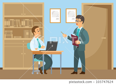 Male characters talking together at office workplace. Positive communication of colleagues Male characters talking together at office workplace. Positive communication of colleagues 103747624