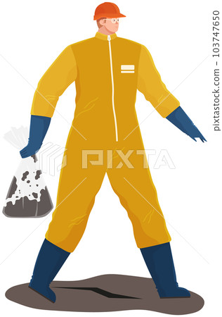 Man collects contaminated sand in bag for analysis. Scientist in protective suit takes soil samples 103747650