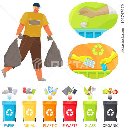Sorting garbage and unrefined waste concept. Male character is transfering bags with garbage Sorting garbage and unrefined waste concept. Male character is transfering bags with garbage 103747679