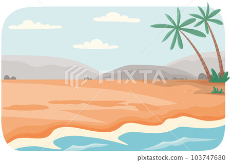 Sandy beach with palm trees on sea. Landscape with seashore on background of mountains or rock Sandy beach with palm trees on sea. Landscape with seashore on background of mountains or rock 103747680