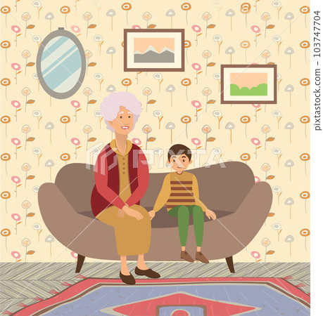 Happy family portrait vector character illustration. Grandmother and grandson sitting on the couch Happy family portrait vector character illustration. Grandmother and grandson sitting on the couch 103747704