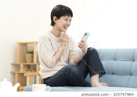 坐在沙發上使用智能手機的年輕女性 103747964