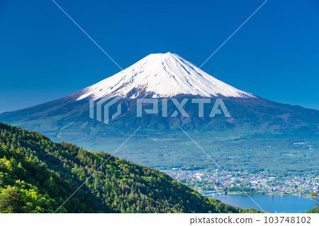"Yamanashi Prefecture" Mt. Fuji with large snow in early summer, fresh green mountains "Yamanashi Prefecture" Mt. Fuji with large snow in early summer, fresh green mountains 103748102