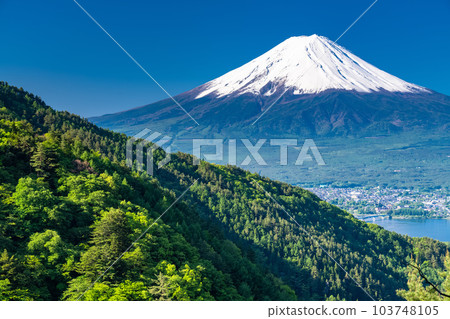 "Yamanashi Prefecture" Mt. Fuji with large snow in early summer, fresh green mountains 103748105