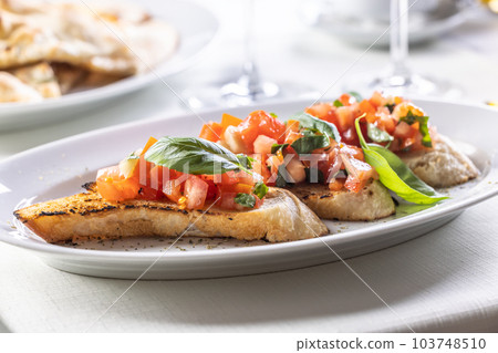 Detail of bruschetta on sourdough bread with chopped tomatoes and fresh basil leaves 103748510