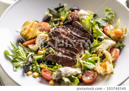 Protein and vegetable in a form of steak and mixed salad in a bowl 103748540