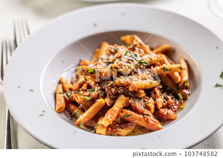 Penne alla arrabiata, typical meal from Italy, served in a nice white plate, decorated with fresh herbs and sprinkled with grated cheese Penne alla arrabiata, typical meal from Italy, served in a nice white plate, decorated with fresh herbs and sprinkled with grated cheese 103748582