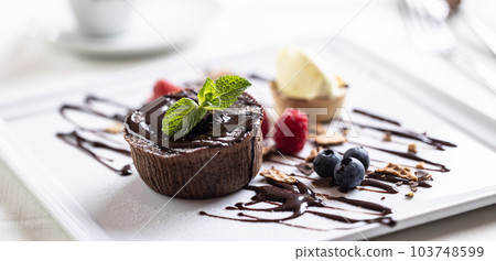 Chocolate fondant with ice cream, berries, and chocolate decoration 103748599