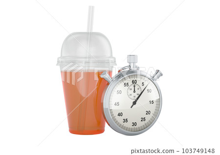 Plastic transparent disposable cup with drink with stopwatch, 3D rendering 103749148