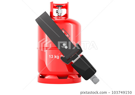 Propane gas cylinder with safety belt, 3D rendering Propane gas cylinder with safety belt, 3D rendering 103749150