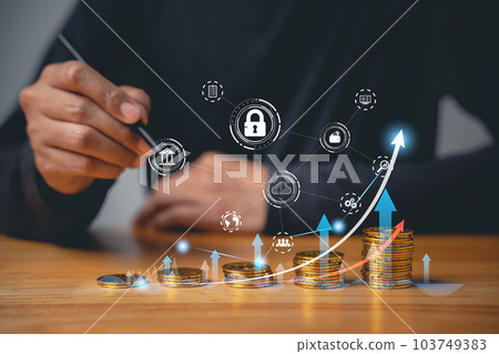Investment and savings strategy for financial security and retirement. Businessman holding a coin on a stack of coins with a rising graph in the background. Save money and investment growth concept Investment and savings strategy for financial security and retirement. Businessman holding a coin on a stack of coins with a rising graph in the background. Save money and investment growth concept 103749383