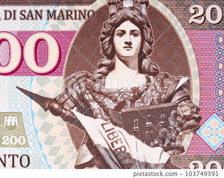 The statue of the three towers, the symbol of San Marino from money 103749391