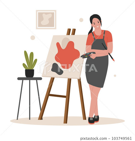 Concept illustration of female artist painting on canvas. Illustration for website, landing page, mobile app, poster and banner. Trendy flat vector illustration Concept illustration of female artist painting on canvas. Illustration for website, landing page, mobile app, poster and banner. Trendy flat vector illustration 103749561