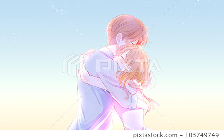 男人和女人愉快地擁抱彼此夏日背光早晨 男人和女人愉快地擁抱彼此夏日背光早晨 103749749