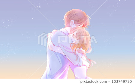 一個男人和一個女人愉快地擁抱彼此夏日背光黃昏 一個男人和一個女人愉快地擁抱彼此夏日背光黃昏 103749750