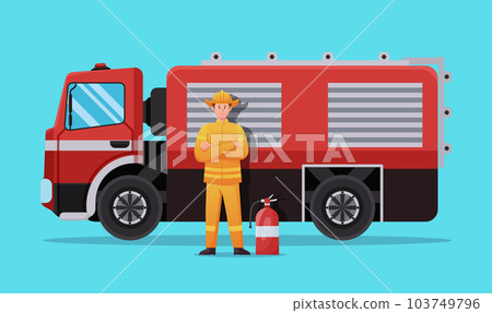 Firefighter character with Fire truck vector illustration 103749796