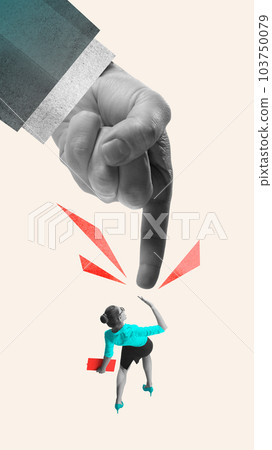 Manager's hand pointing at female employee. Control over workers, professional challenges and cooperation. Contemporary art collage. Manager's hand pointing at female employee. Control over workers, professional challenges and cooperation. Contemporary art collage. 103750079