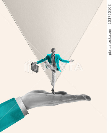 New position. Young motivated and ambitious man reaching professional success, getting promotion. Confidence. Contemporary art collage. 103750108