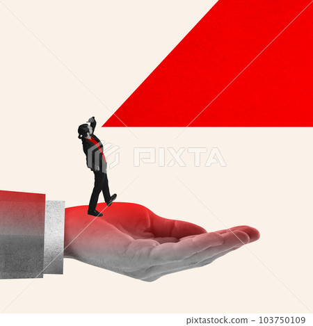 Male employee standing on giant hand and looking forward. Professional assistance, new vision in working sphere. Contemporary art collage. 103750109
