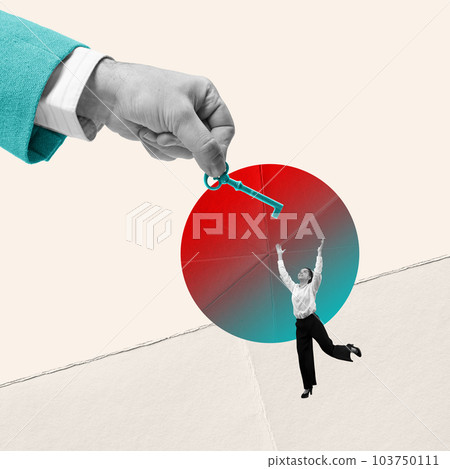 Key to success. Businessman holding key and giving it to happy female employee. Growth and promotion. Contemporary art collage. Key to success. Businessman holding key and giving it to happy female employee. Growth and promotion. Contemporary art collage. 103750111
