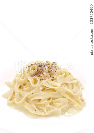 Creamy carbonara simple pasta bright background wide noodles Creamy carbonara simple pasta bright background wide noodles 103750490