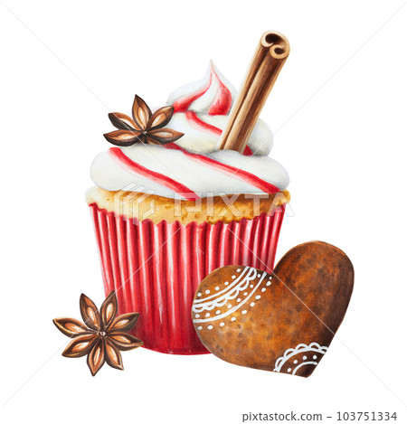 Watercolor Christmas sweet muffin with cream, cinnamon and crispy gingerbread cookies with icing. New year hand painting red and green cupcake isolated on white background. For designers, food 103751334