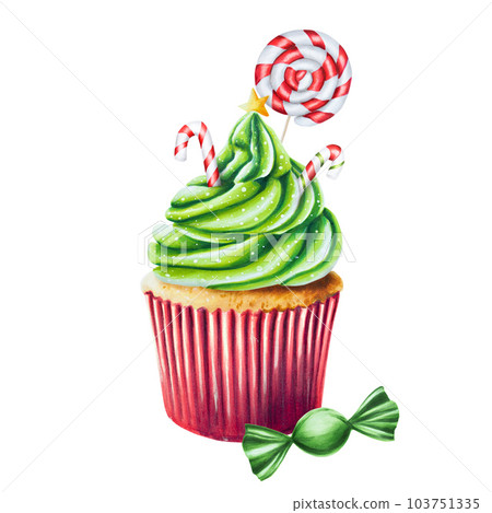 Watercolor Christmas sweet muffin with cream and candies. New year hand painting red and green cupcake isolated on white background. For designers, food decoration, menu, shop, for postcards, wrapping Watercolor Christmas sweet muffin with cream and candies. New year hand painting red and green cupcake isolated on white background. For designers, food decoration, menu, shop, for postcards, wrapping 103751335