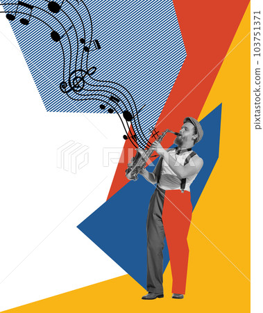 Young man in retro style clothes making performance, playing saxophone over multicolored abstract background. Contemporary art collage. 103751371