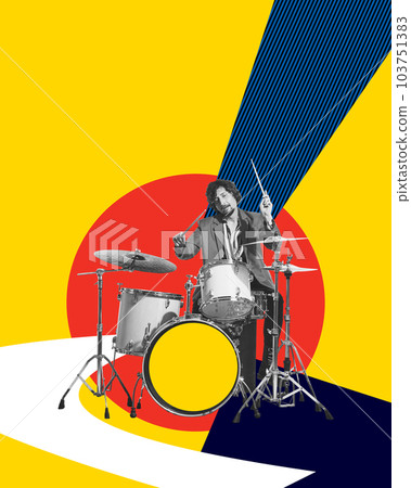 Talented man playing drums against multicolored abstract background. Contemporary art collage. Concert, performance, entertainment. 103751383