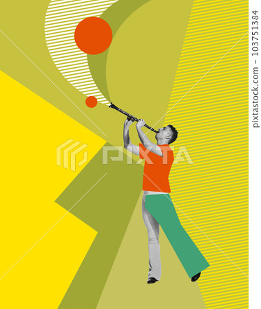Young man playing clarinet against multicolored abstract background. Performance. Contemporary art collage. Young man playing clarinet against multicolored abstract background. Performance. Contemporary art collage. 103751384