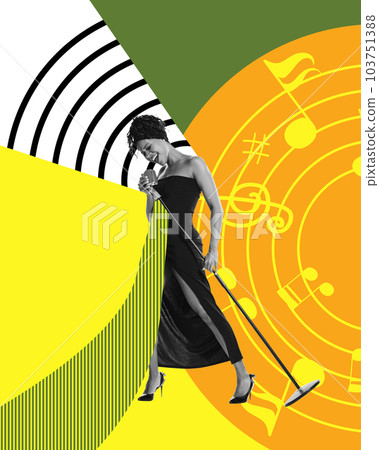 Beautiful, talented young woman in black dress emotionally singing in microphone against multicolored abstract background. Contemporary art collage. 103751388