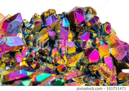 Macro mineral stone Titanium Quartz, Flame Aura Quartz on a white background Macro mineral stone Titanium Quartz, Flame Aura Quartz on a white background 103751471