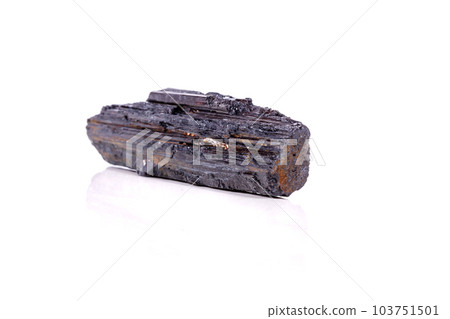 macro mineral stone sherle, schorl, black tourmaline on white background 103751501