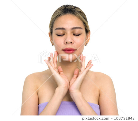 Beautiful young asian woman with clean fresh skin touch her own face . Facial treatment. Cosmetology, beauty and spa. Face care 103751942