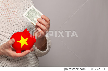 Flag of Vietnam on money bank in Vietnamese woman hands. Dotations, pension fund, poverty Flag of Vietnam on money bank in Vietnamese woman hands. Dotations, pension fund, poverty 103752111