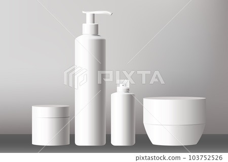 Blank cosmetic packaging mockup. Jar, bottle with press pump, small and tall bottles. Blank cosmetic packaging mockup. Jar, bottle with press pump, small and tall bottles. 103752526