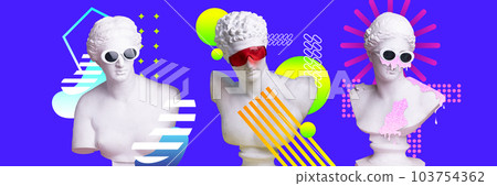 Antique statue busts in stylish sunglasses against purple background. Celebration and fun. Contemporary art collage. 103754362